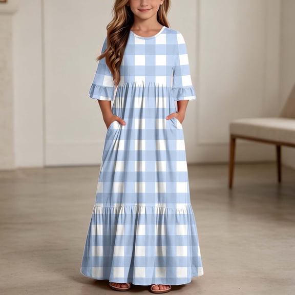LJEFF Girls Dress with Pocket, Plaid Flowy Tiered Skirt 3/4 sleeves Crew Neck Casual Dresses for Kids Light Blue Size 6 Years