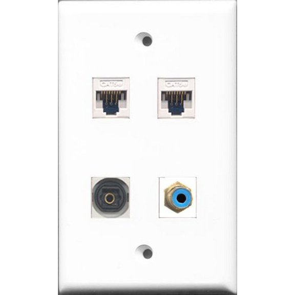 RiteAV - 1 Port RCA Blue and 1 Port Toslink 2 Port Cat5e Ethernet White Wall Plate