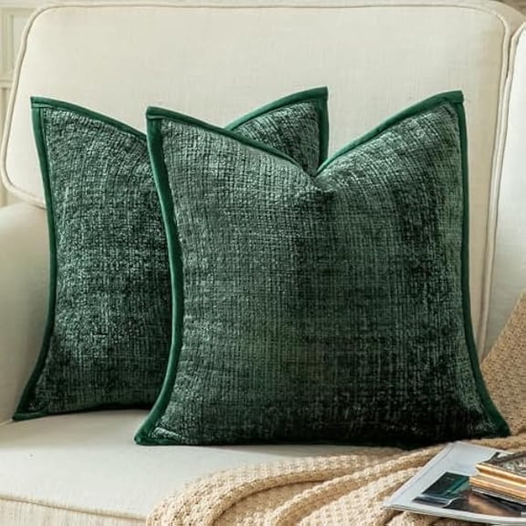 Eryueer Pack of 2 Chenille Textured Decorative Cushion Covers Accent Solid Throw Pillow Covers Soft Cozy Pillow Case with Velvet Back for Couch Sofa Bed Living Room 24x24 Inch 60x60cm Green