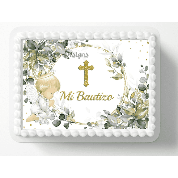 Blue Floral Mi Bautizo Edible Icing Cake Topper, by TNCT