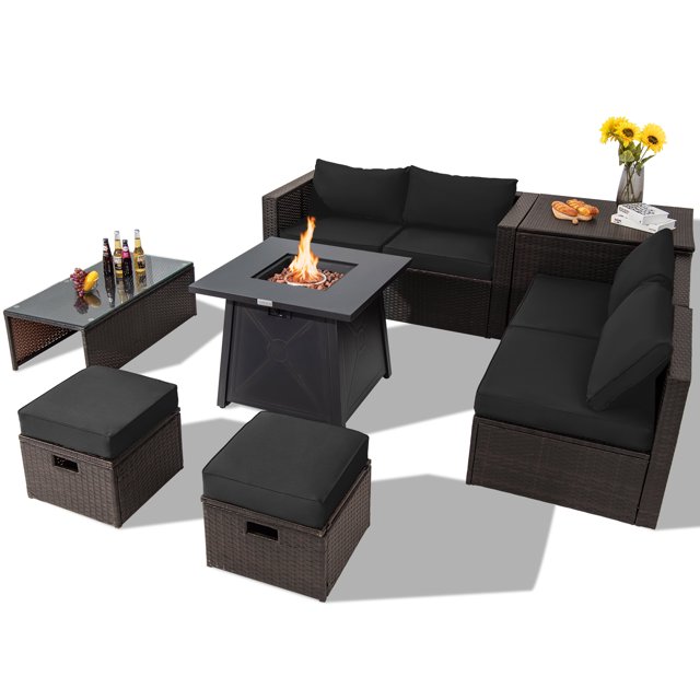 Topbuy 9 Pieces Outdoor Patio Furniture Set with 30" Propane Fire Pit Table Outdoor PE Wicker Space-Saving Sectional Sofa Set with Storage Box and Cushions Black