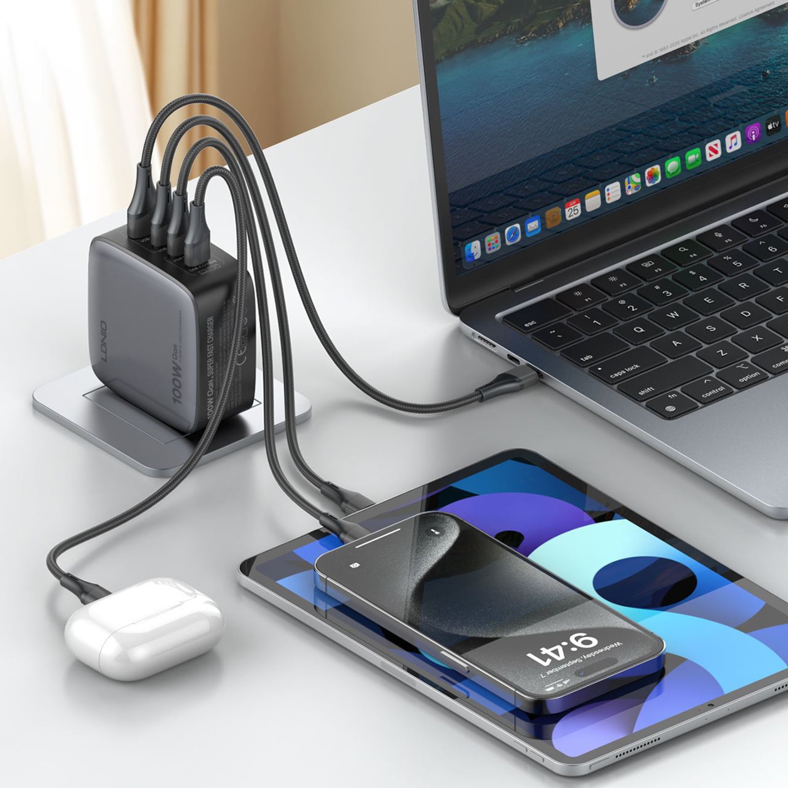 100W GaN USB-C Charger, 3-Port Fast Charging Station for iPhone, iPad, MacBook, Laptops, with EU/UK/US Plugs