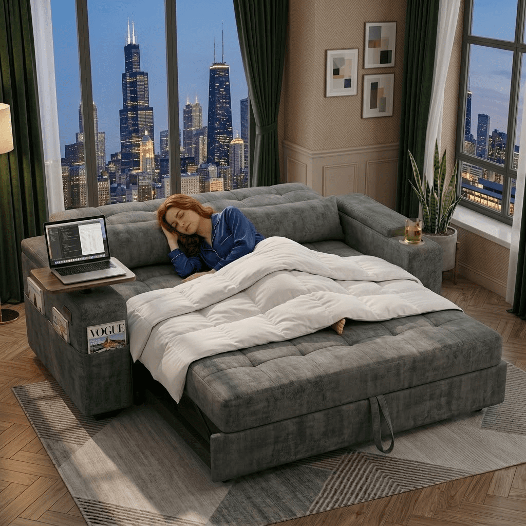 Howcool 65" Sleeper Sofa Bed, 3-in-1 Convertible Pull Out Couch Bed with Tray Table & Cup Holders, Chenille Loveseat Sofa with Adjustable Backrest for Living Room, Apartment(Dark Grey)