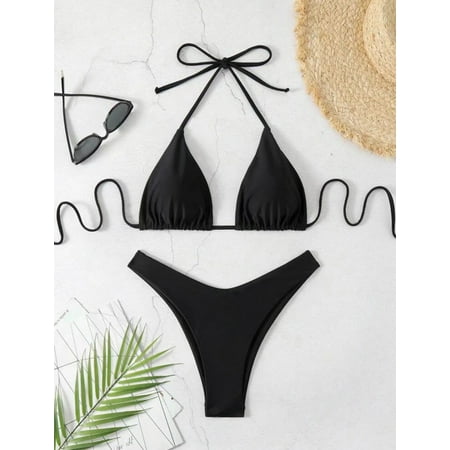 Women Thong Bikini Sexy Solid White/Black/Coffee Halter Swimsuit Lace Up Brazilian Bathing Suit 2025 New Double Fabric Beachwear