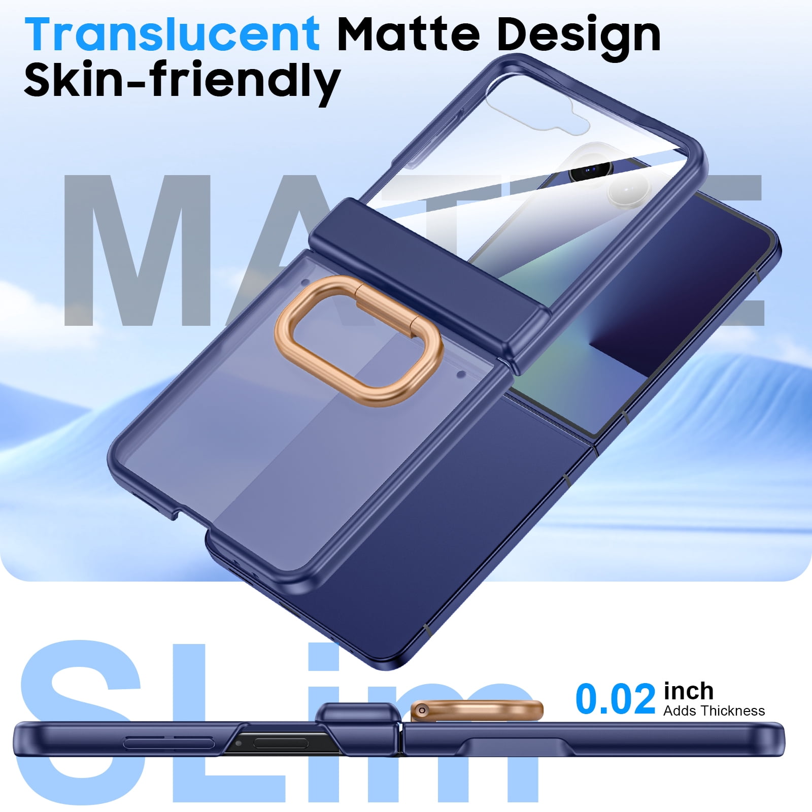 Vizvera for Samsung Galaxy Z Flip 7 Case with Ring Holder & Screen Protector & Hinge Protection,Wireless Charging,Skin Feel Matte PC,Shockproof Phone Case-Blue