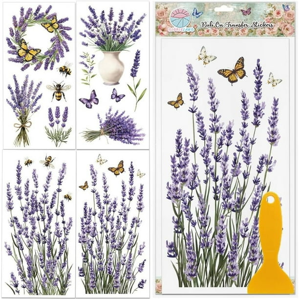 4 láminas de transferencia para muebles con flores de lavanda, 15 x 30 cm (6 x 12 pulgadas), mariposa y abeja. Adhesivo UV autoadhesivo para decoración de paredes.