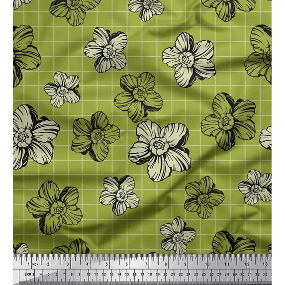 Soimoi Cotton Poplin Fabric Check & Floral Artistic Decor Fabric Printed Yard 56 Inch Wide