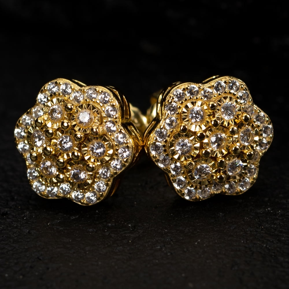 Hip Hop Big 14K Yellow Gold Plated 925 Sterling Silver Screw Back Post Large Iced CZ Round Flower Cluster Circle  Stud Earrings