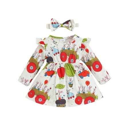 

Glonme Baby Sundress Crew Neck Party Dress Animal Print Dresses Fall Ruffle Ruched Long Sleeve White 6-9M