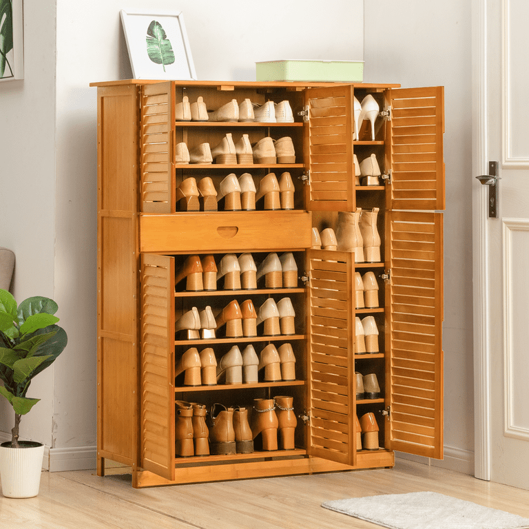 13 Tiers 1 Drawer 24 Pairs Free Standing Bamboo Shoe Rack Organizer Blinds with Door for Entryway MoNiBloom