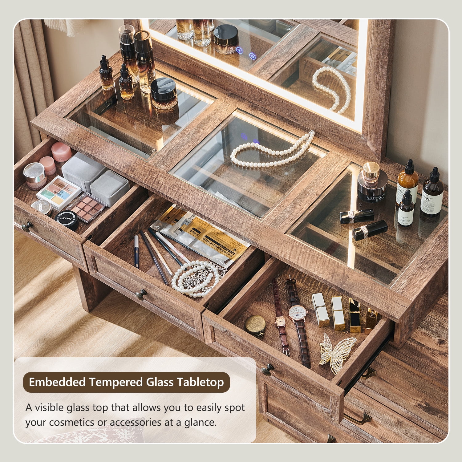 Farmhouse Vanity Desk with Glass Top, Corner Makeup Vanity Set with 30" HD Led Mirror and 3 Color Available Lights, 9 Storage Drawers, Wood Vanity Table for Bedroom