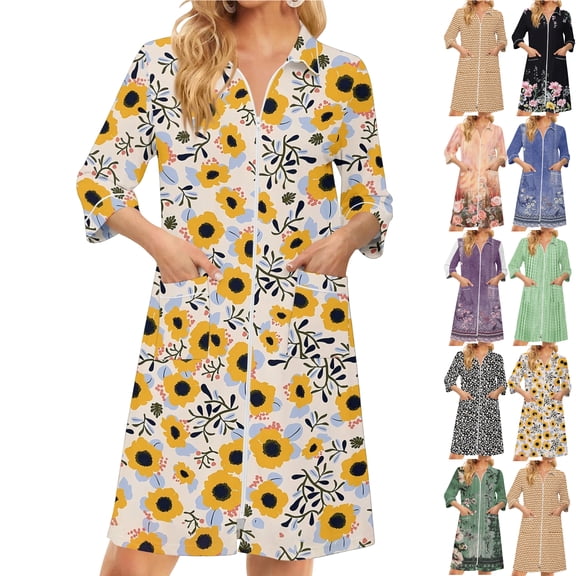 Women's Robes Zipper Lightweight 3/4 Length Sleeve Summer Bathrobes for Women Zipper Front Knee Length Sunflower Print Trendy Sleepwear Nightgown with Pockets Yellow S