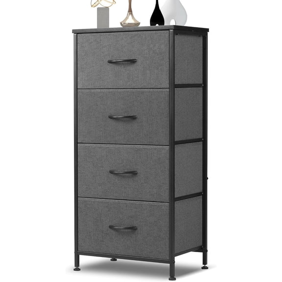 Dresser for Bedroom, 4 Storage Drawers, Anti-Tip Tall Fabric Closet Chests Organizer Tower Furniture with Wooden Top Metal Frame for Clothes, Living Room, Hallway, Entryway