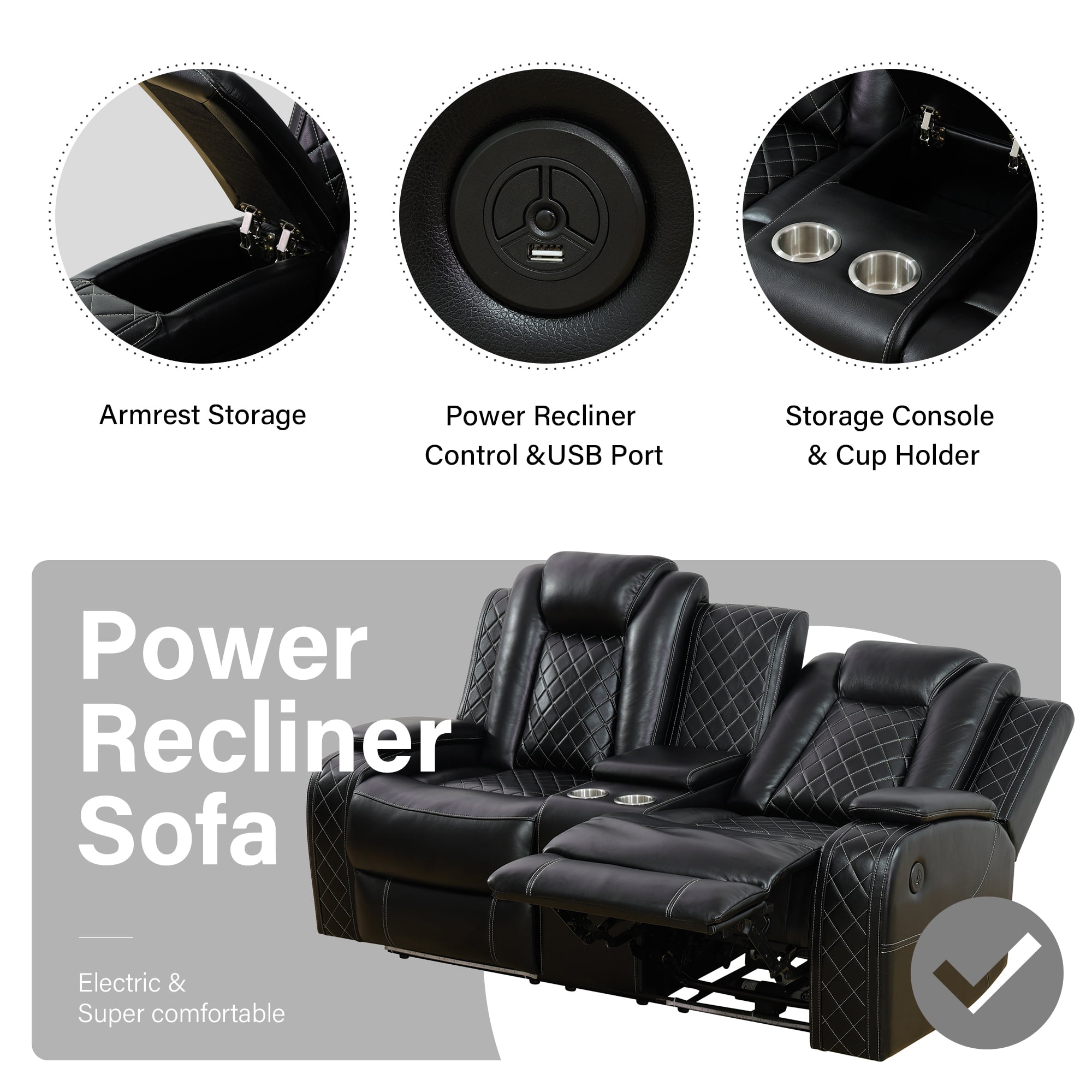 Aukfa 2-Seater Power Recliner Sofa with Cup Holders, USB Charging & Hidden Storage, Modern Electric Loveseat for Living Room Home Theater,Black