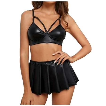 

BVnarty Skirt Sexy Leather Sexy Bra Skirt Two Piece Set Underwear Black Patent