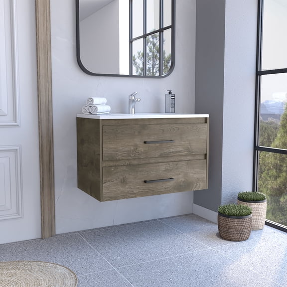 LiviNest Floating Bathroom Vanity with Sink: Modern Wall-Mounted Wood Tone Cabinet - Two Drawer Storage for Small Apartments & Bathroom Organization