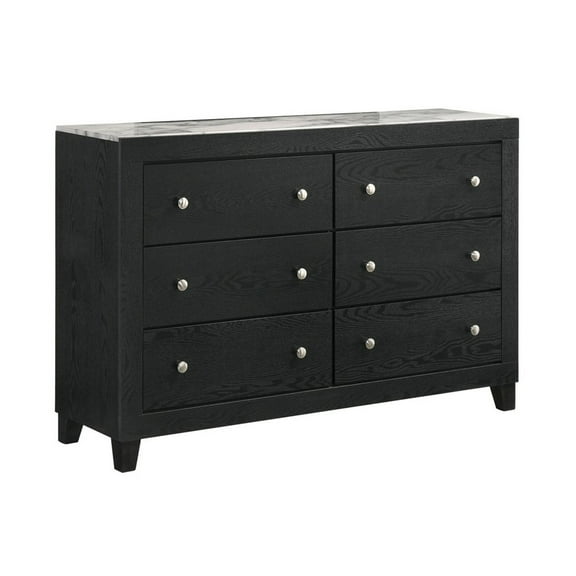 Benjara BM307300 57 in. Wide Dresser with Mirror & 6 Drawers, Round Handles, Black Wood