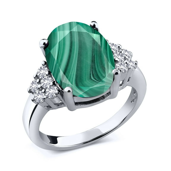 Gem Stone King 6.40 Ct Oval Green Malachite White Created Sapphire 925 Sterling Silver Ring (Size 9)