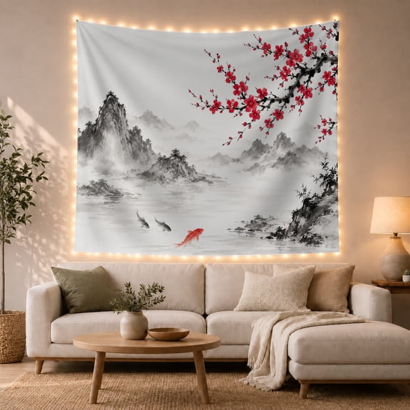 Red Koi in Misty Mountain Lake with Cherry Blossoms, Serene Japanese Inspired for Zen Decor Lovers, Nature Wall Art, Housewarming Gift Tapestry Wall Hanging for Bedroom and Living Room