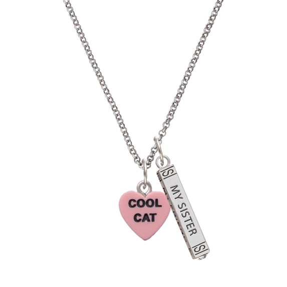 Delight Jewelry Acrylic Pink "Cool Cat / Purr Fect" Heart Silvertone Always My Sister Bar Charm Necklace, 23"