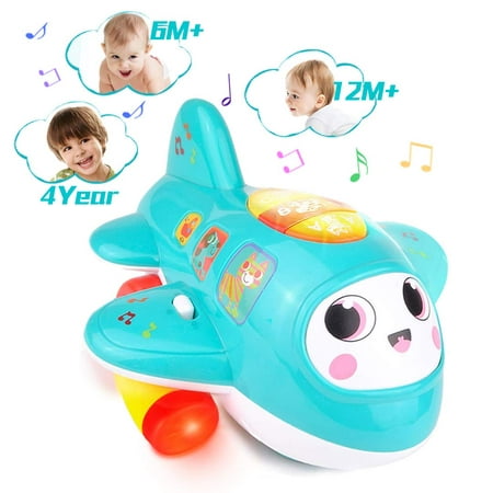 HISTOYE Baby Development Toys, Baby Airplane with Lights and Music, Electronic Moving Toys for 1 2 3 4 Year Old, Musical Toys to Encourage Crawling for Toddlers 6 9 12 18 Month