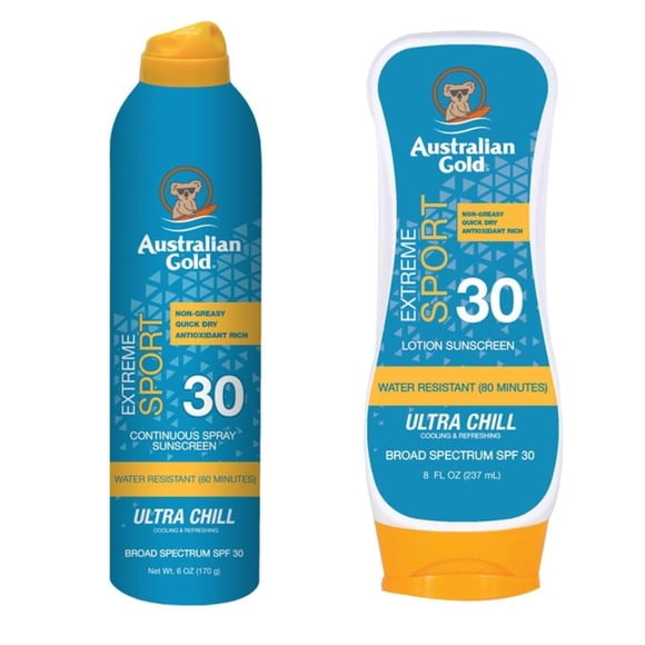 Loción y Spray Protector Solar Australian Gold Extreme Sport SPF 30