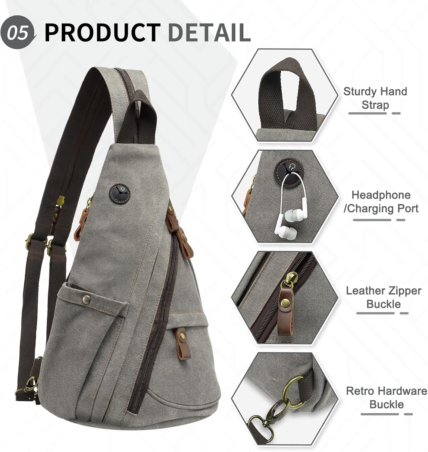 Vintage Canvas Sling Bag with Genuine Leather Zipper, 3 in 1 Crossbody, Backpack, and Chest Bag, for Travel, Hiking, 16x10x6 Inches