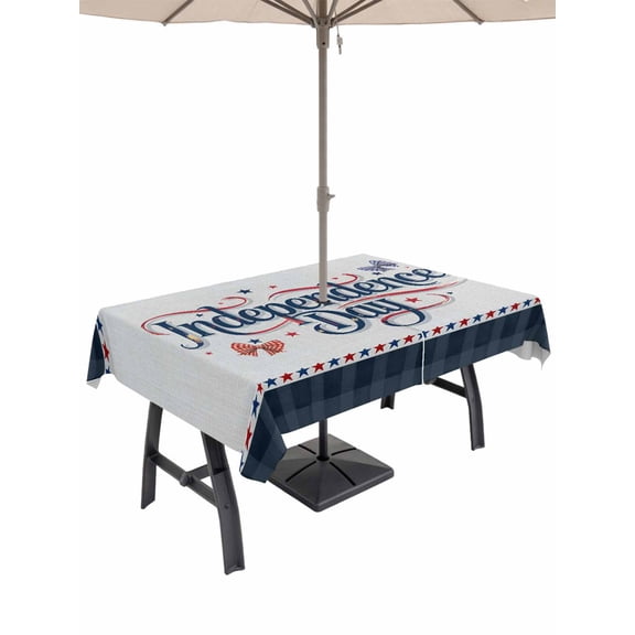 Outdoor Tablecloth with Umbrella Hole for Patio/Picnic/Party/Camping, Patriotic Anniversary Waterproof Table Cloth Rectangle Table Cover Washable, Independence 250 4th of July Blue Plaid (60"x 84")