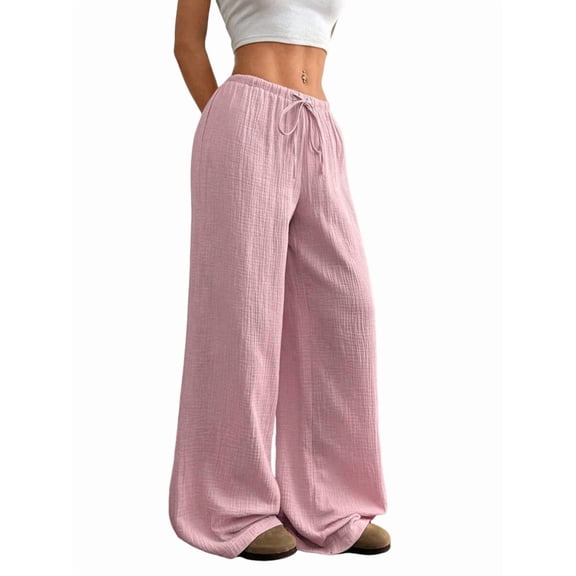 Wide Leg Pants for Women Flowy Palazzo Drawstring Elastic Waist Trousers Beach Vacation Clothes Pink XL