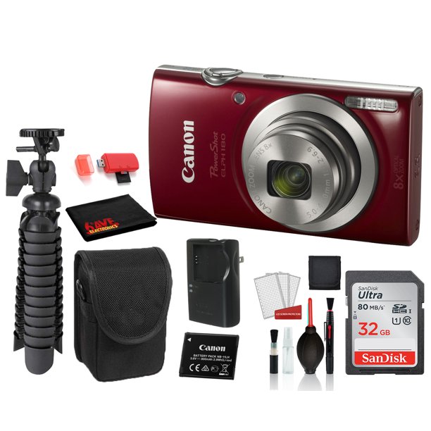 Canon PowerShot ELPH 180 Digital Camera (Red) (1096C001) with Accessory Bundle package deal