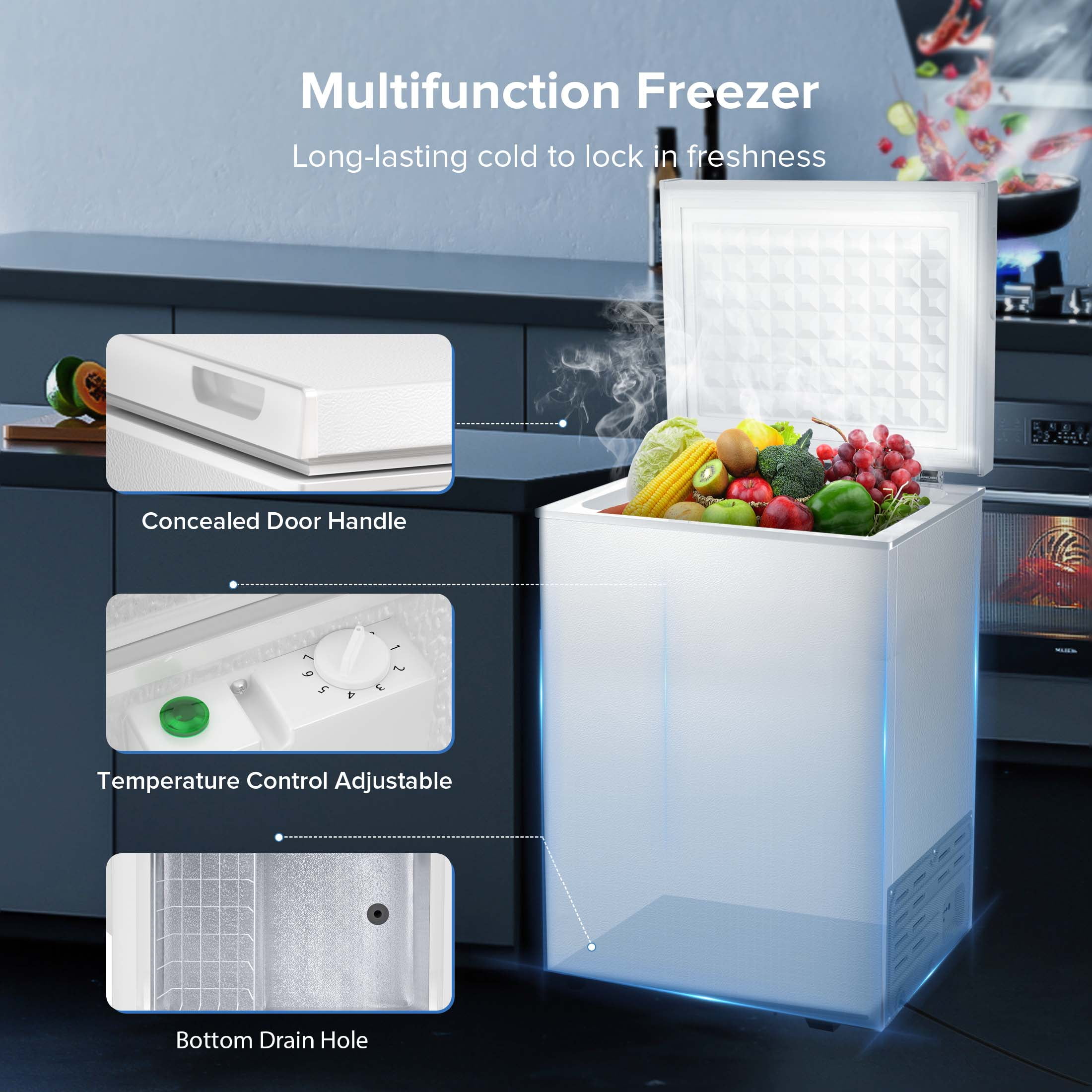 KNDKO 2.8cu.ft Compact Chest Freezer, Mini Freezer with Adjustable Temperature, 2 Removable Baskets, Top Open Door, Energy Saving, White
