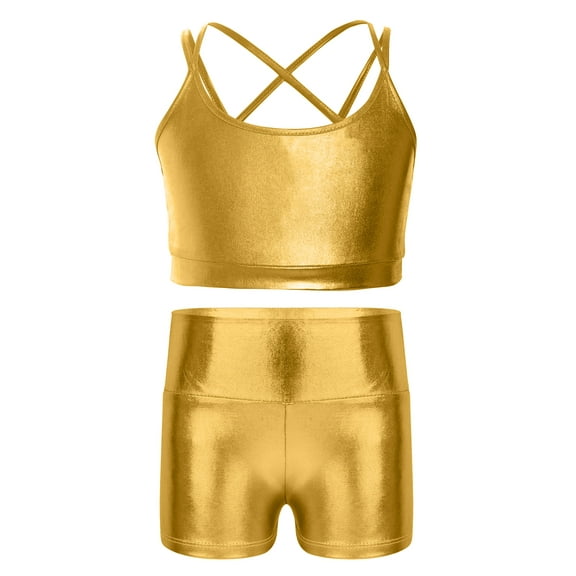 Hansber Kids Girls 2Pcs Sports Gymnastics Dance Outfits Metallic Crop Top Dance Bralette Vest with Shorts Set Gold 6