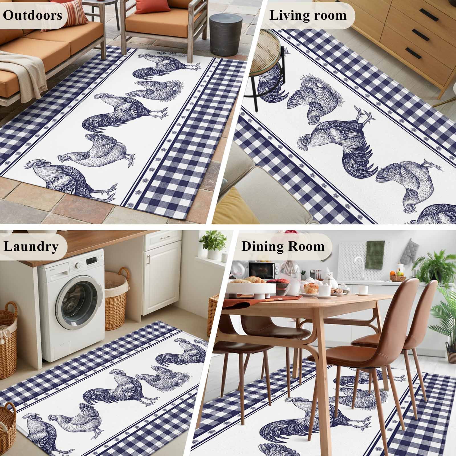 Navy Blue Rooster Area Rugs 3'x5', Washable Small Throw Rugs for Living Room Bedroom, Vintage Farmhouse Blue Plaid Indoor Outdoor Rug Non-Slip Low Pile Carpet Runner Reversible Floor Mats
