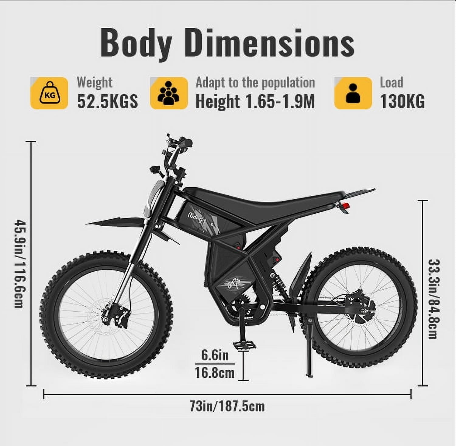 Ridingtimes GT73 Electric Dirt Bike for Adults,2400W Motor 48V18.2AH Dual Battary ebike dirt bicycles with 25" Tires Digital Screen Carbon Steel Black UL2849 One Seat