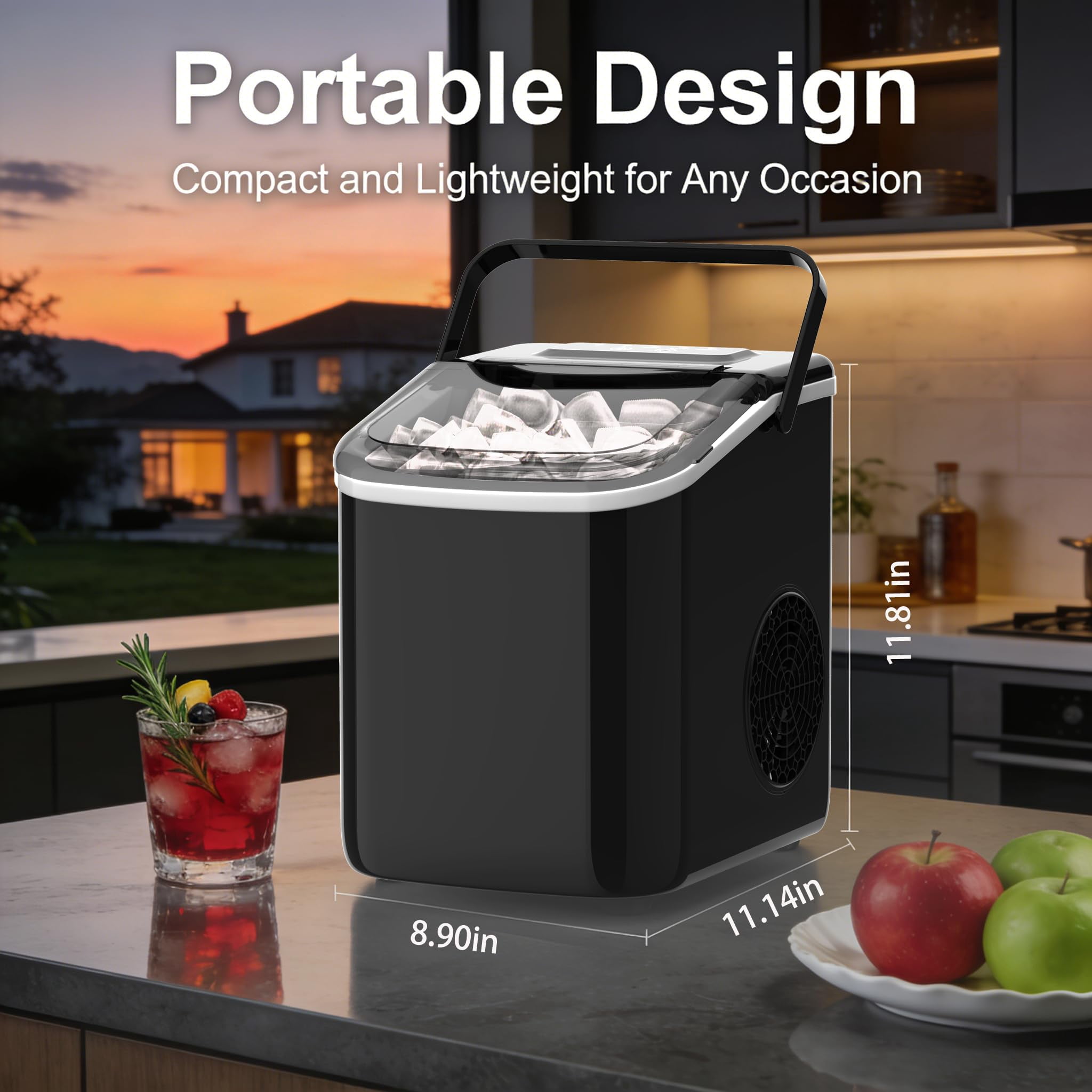 Countertop Ice Maker with Handle, Small Portable Self-Cleaning Ice Machine with Basket and Scoop， 26lbs/24H, 9 Ice Cubes in 6 Mins, for Home, Kitchen, Parties, Camping