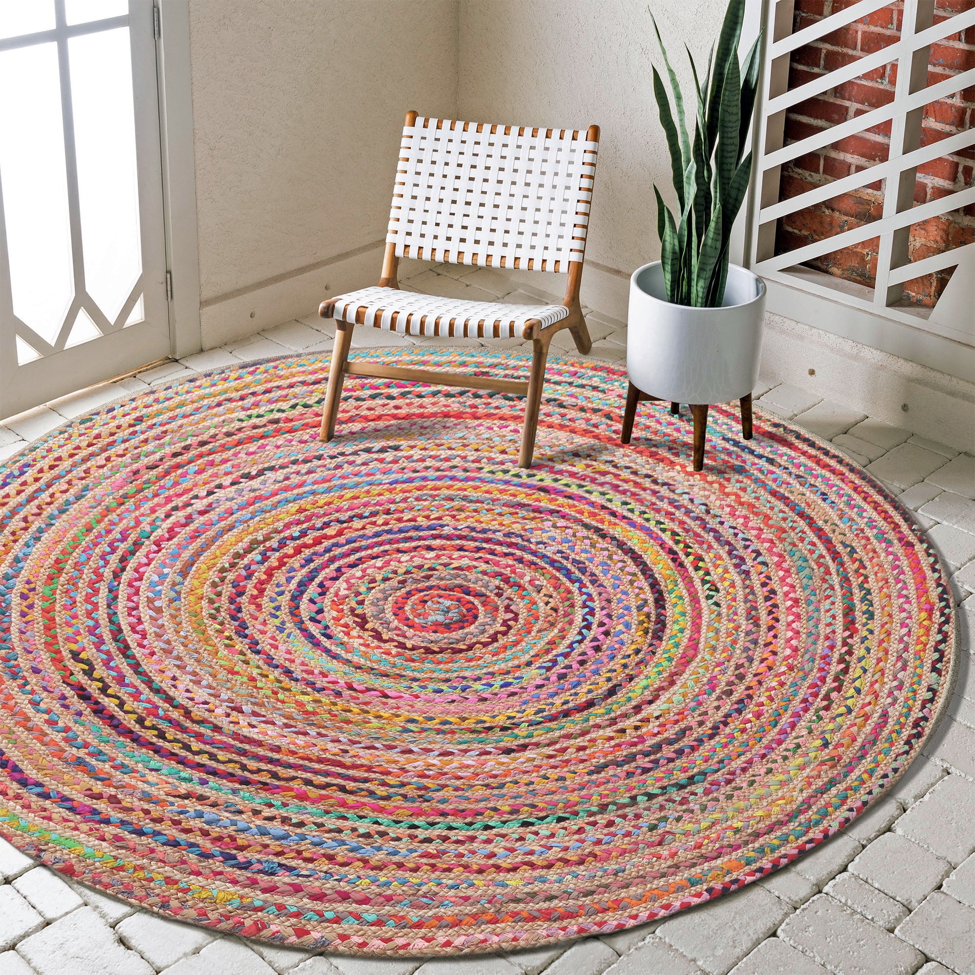 LR Home Ian 7' Round Rainbow Braided Stripe Indoor Area Rug