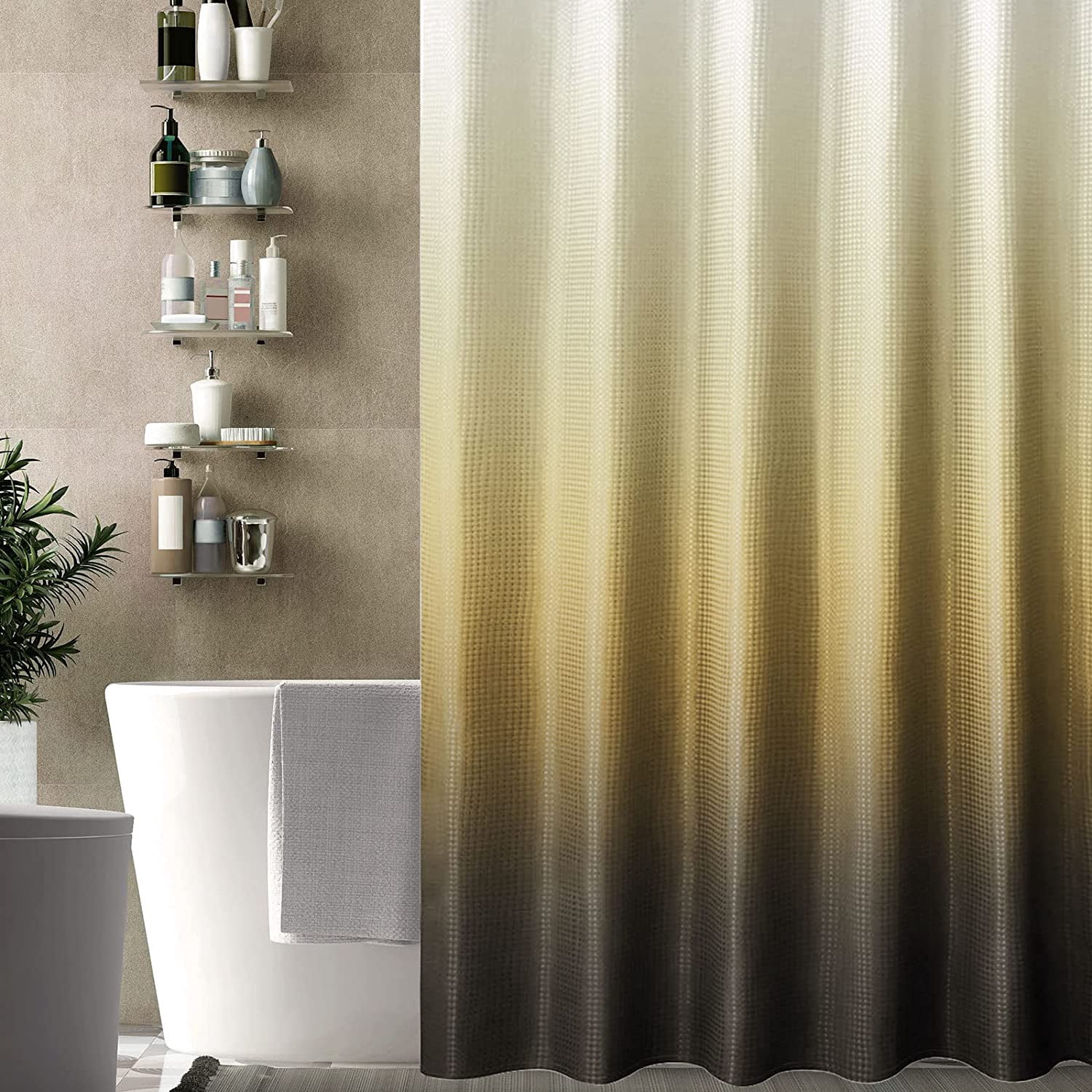 Small Stall Shower Curtain 36 x 72, Narrow Half Brown Ombre Shower Curtain for Bathroom, Waffle Weave Fabric Shower Curtain Set with Hooks, Water Repellent, Machine Washable