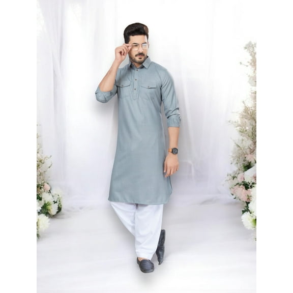 Traditional Gray Pathani Cotton Kurta Pajama Outfit– Cultural Wear for Mens