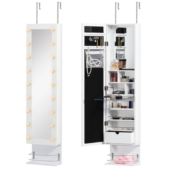 Wall-Mounted Jewelry Armoire: With LED Lights, Over-The-Door Mirror Storage Shelves