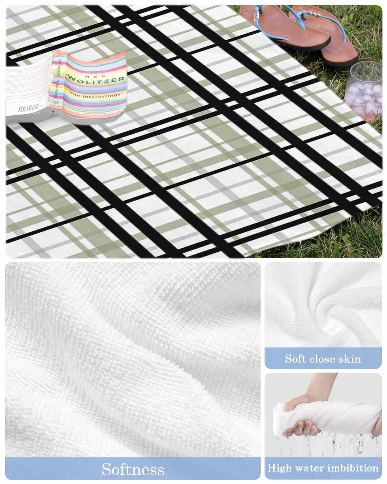 Sage Green Black Plaid Beach Towels Oversized Super Absorbent, Farmhouse Green Black Checkered Lightweight Bath Towel Quick Dry Sets For Bathroom/Pool/Rv Camping/Beach Play/Gym Room/Picnic 23"x47"