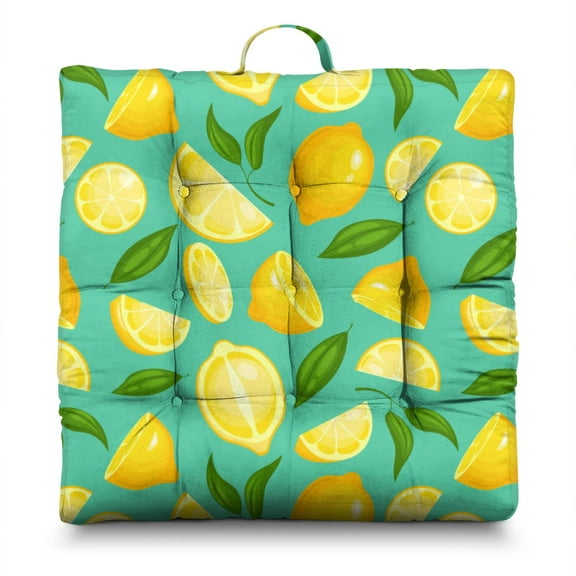 Garden Lemon Print Cushion - 22x22 Inch Square Seat Pillow, Dutch Velvet, Floral Citrus Design for Home Decor