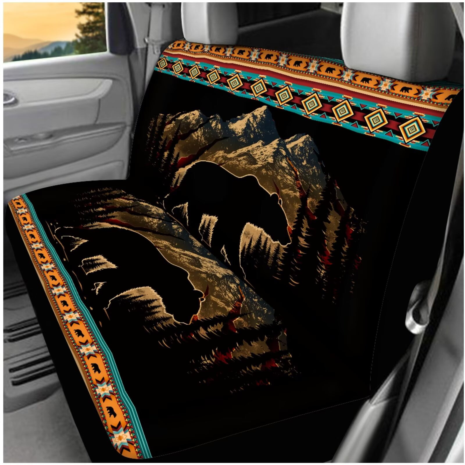 Binienty Western Aztec Car Seat Covers Front and Back Full Set 14 Pieces Auto Interior Set Brown Bear Car Seat Covers With Matching Steering Wheel Cover Elastic Washable Seatbelt Pad