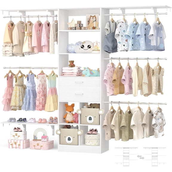 Closet System - 5-8FT Closet Organizer System with Wooden Drawers & Cube Storage Organizer, Up To 96" Closet Systems for Nursery & Walk-In Closets with Cuttable Hanging Shelving, White