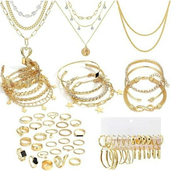 59-Piece Sparkling Jewelry Set, Luxury Gold Plated Nickel-Free Set with 8 Necklaces & 12 Bracelets, Perfect Women's Gift for Birthday, Christmas, Valentine's Day