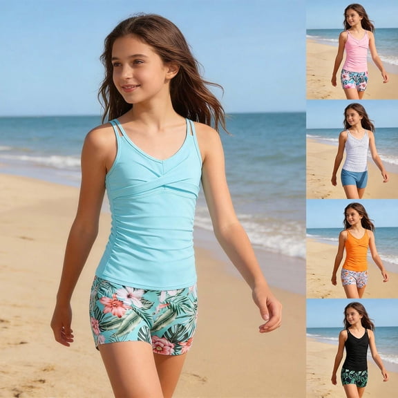 jiaxiM Swimsuit for Girls Quick-Dry Solid Twist Cross V Neck Top with Tropical Printed Shorts 2 Piece Bathing Suits