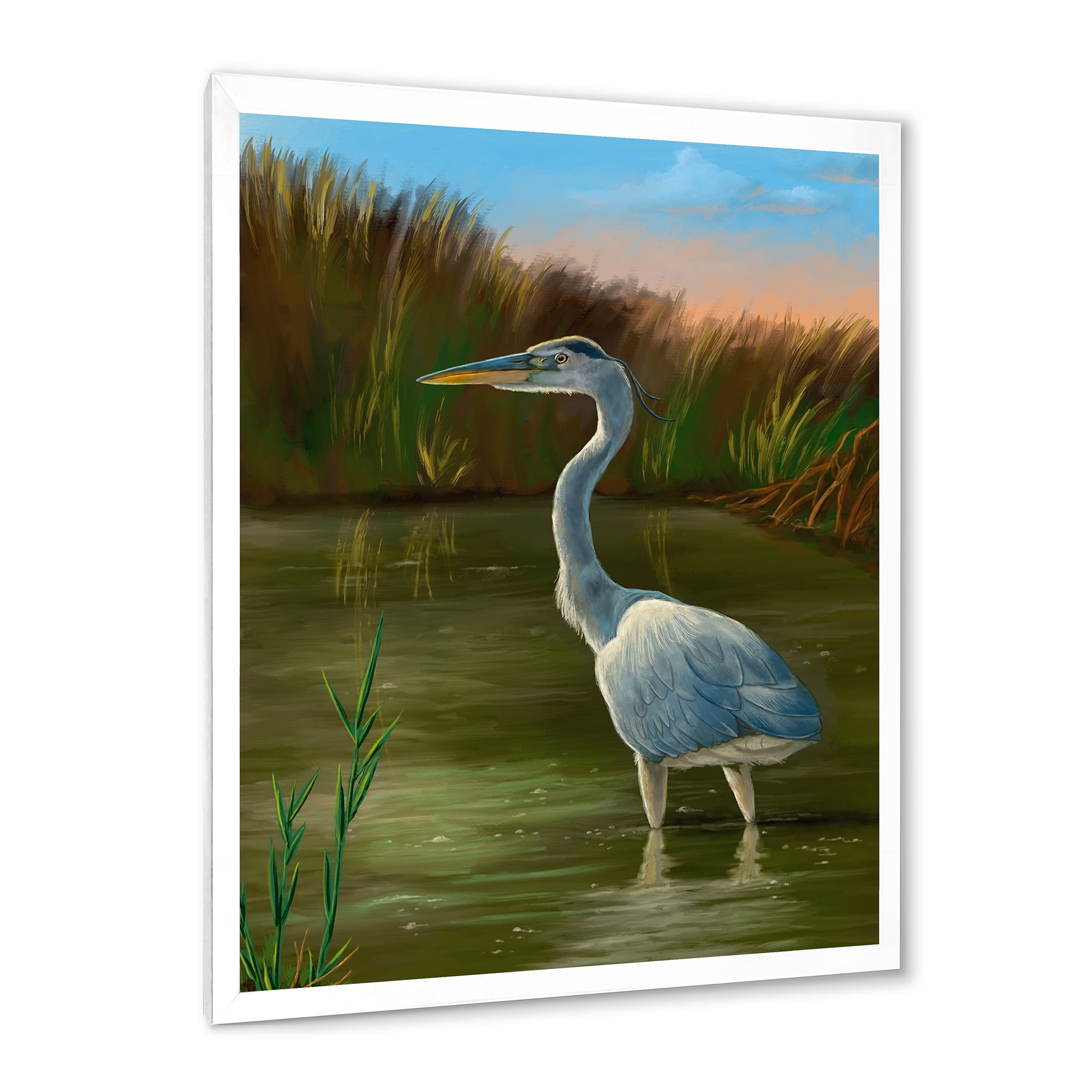 Designart 'Blue Heron Wetland Bird on The Lake Shore' Traditional Framed Art Print