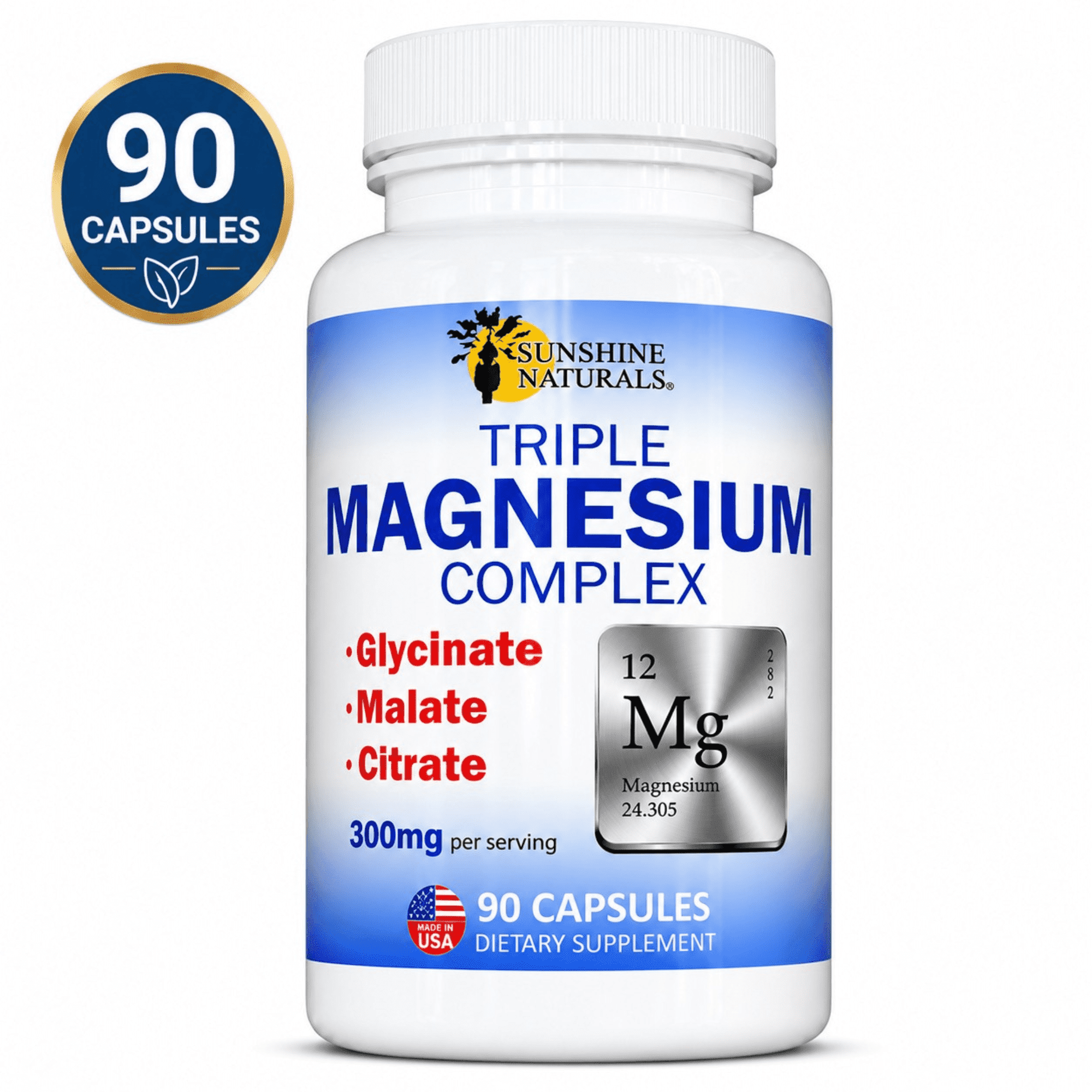 Sunshine Naturals Triple Magnesium Complex, Magnesium Glycinate, Malate & Citrate, Muscle & Nerve Support, 90 Capsules