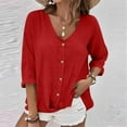 thumbnail image 2 of Ltctricy Cotton Linen Tops for Women 3/4 Length Sleeve V Neck Crossover Button down T Shirts Casual Loose Blouses(Red,XX-Large), 2 of 6