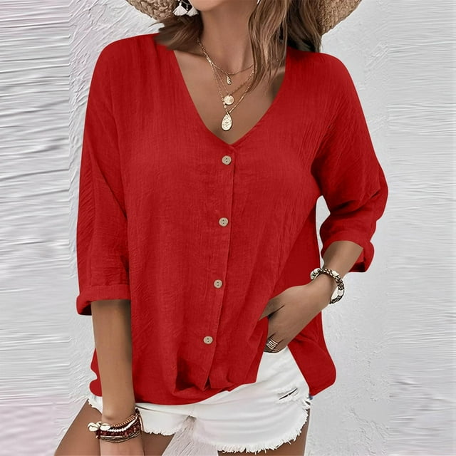Ailaofu Women's V Neck Summer Tops Casual Henley Button Down T Shirts