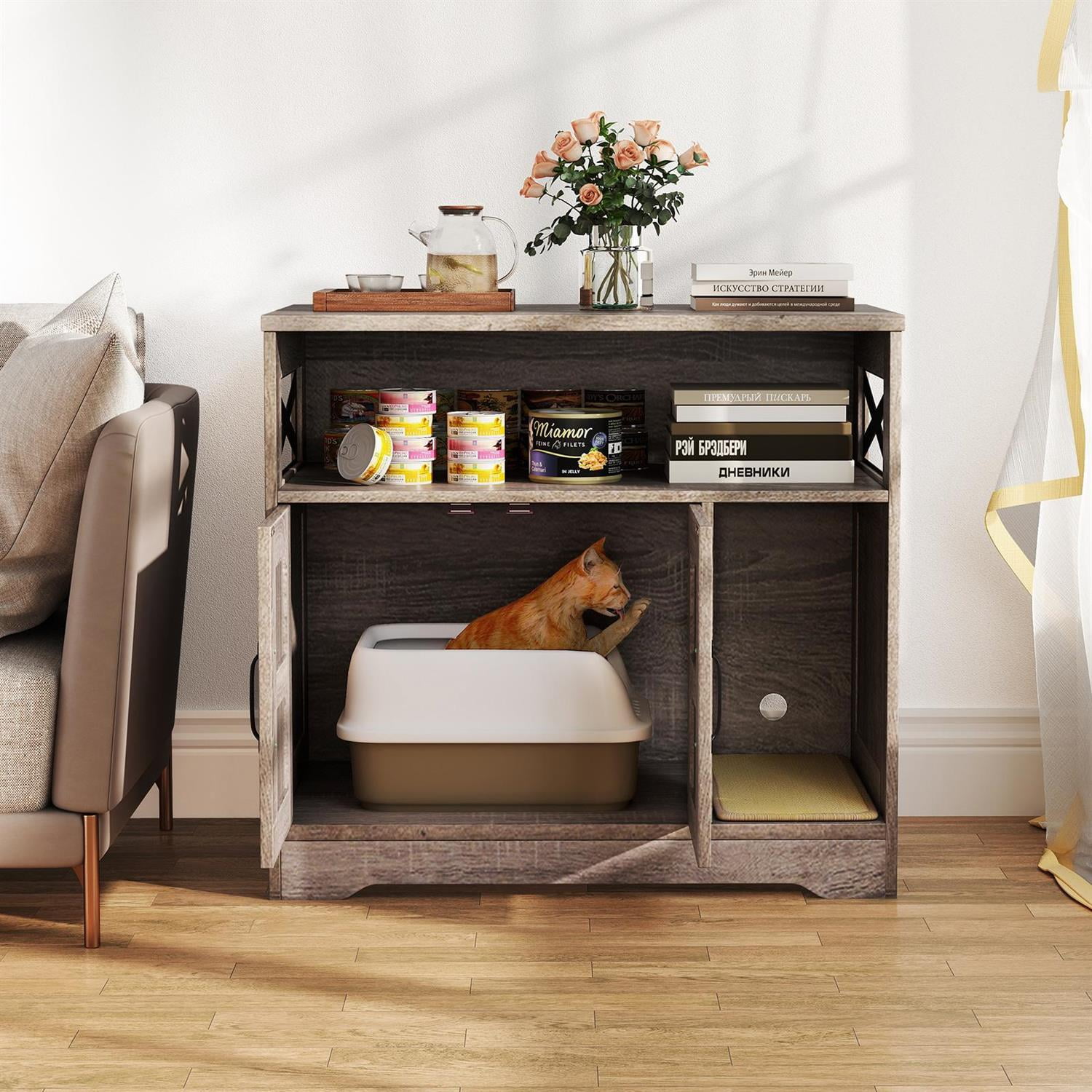 Pefilos Hidden Cat Litter Box Enclosure, Storage Space & Sisal Mat, Anti-Toppling Design, Grey